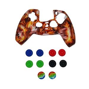 Flaming Skull‎ Silicone Cover With 10 Thumb Grip Caps for PS5 Controller NEW